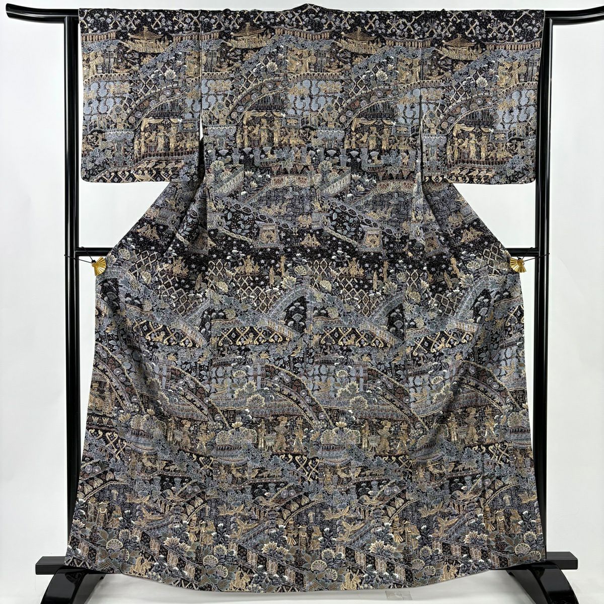 訪問服 身長164cm 袖長64.5cm M 雙層 科普特圖案 花鳥 金絲 刺繡 黑 純蠶絲 逸品級