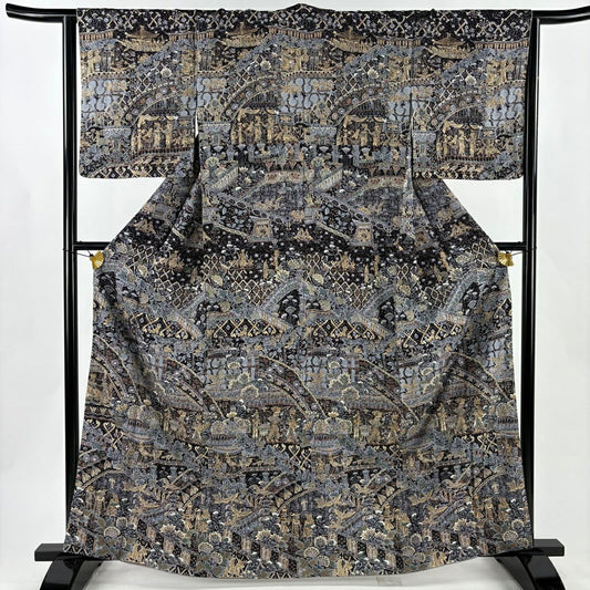 訪問服 身長164cm 袖長64.5cm M 雙層 科普特圖案 花鳥 金絲 刺繡 黑 純蠶絲 逸品級
