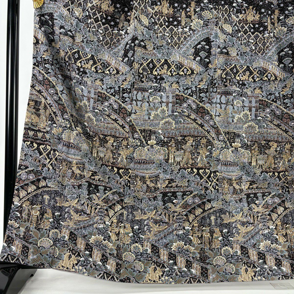 訪問服 身長164cm 袖長64.5cm M 雙層 科普特圖案 花鳥 金絲 刺繡 黑 純蠶絲 逸品級