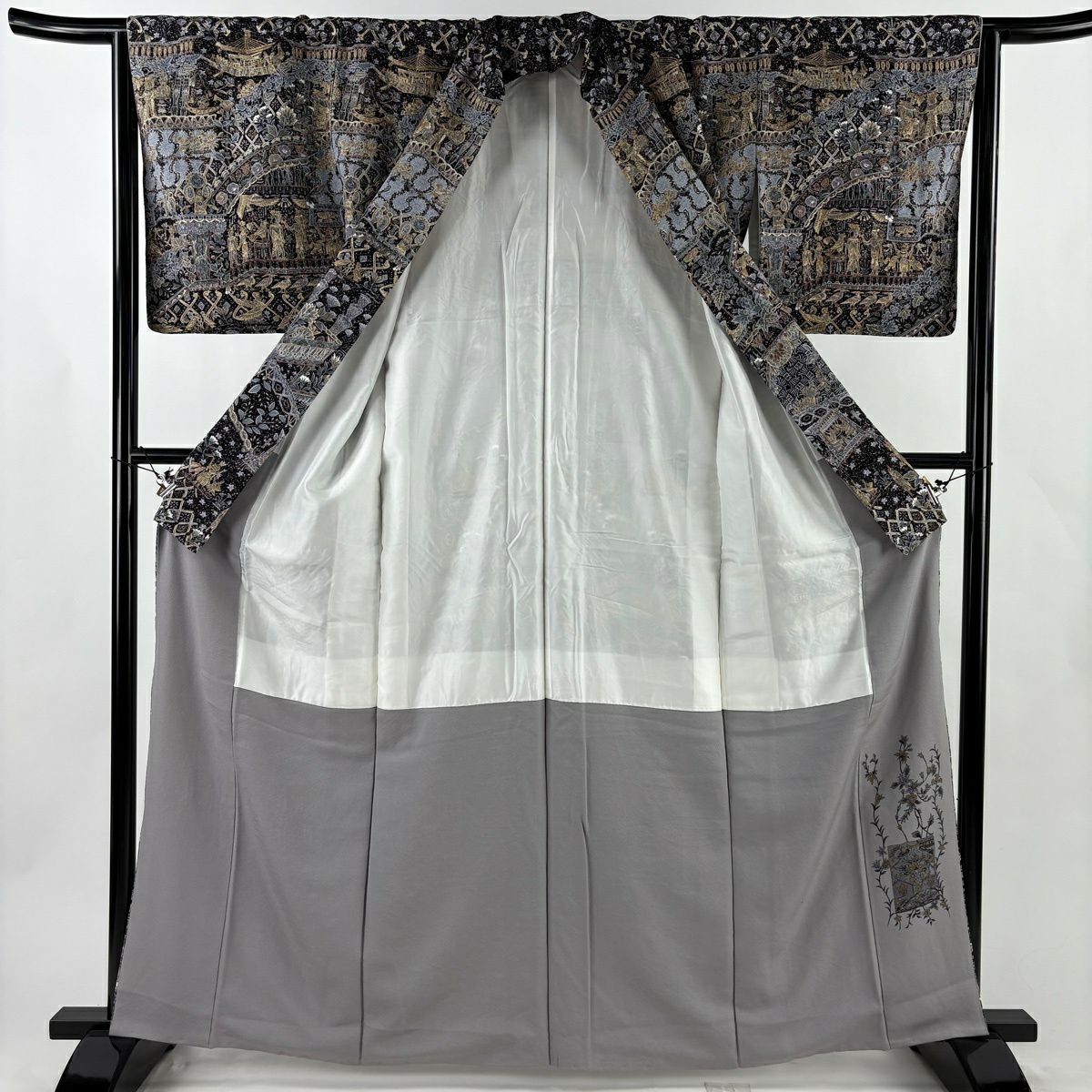 訪問服 身長164cm 袖長64.5cm M 雙層 科普特圖案 花鳥 金絲 刺繡 黑 純蠶絲 逸品級