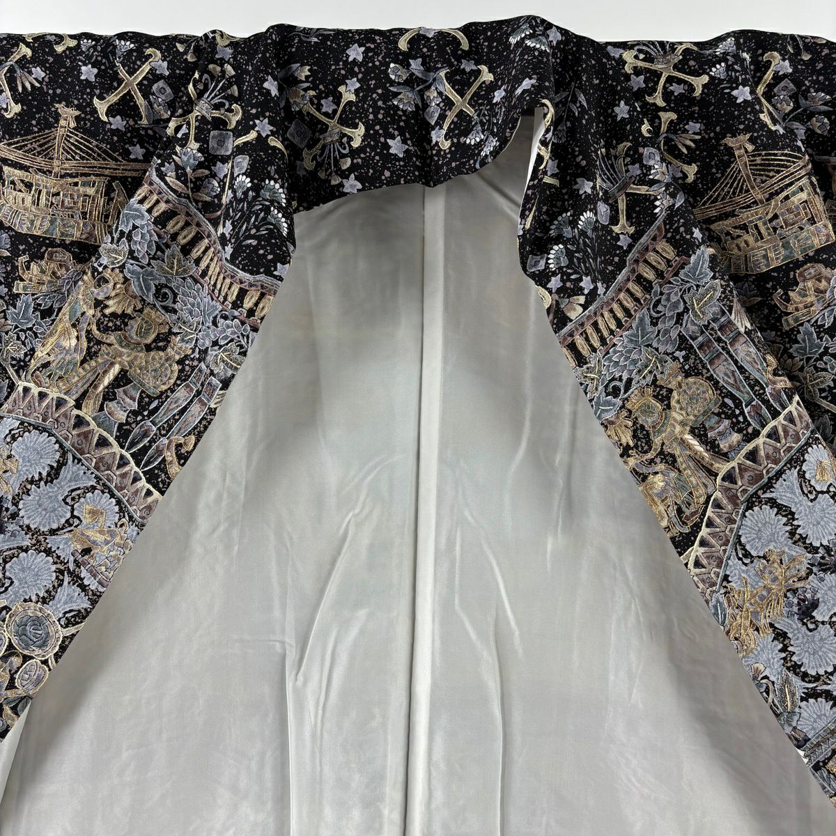 訪問服 身長164cm 袖長64.5cm M 雙層 科普特圖案 花鳥 金絲 刺繡 黑 純蠶絲 逸品級