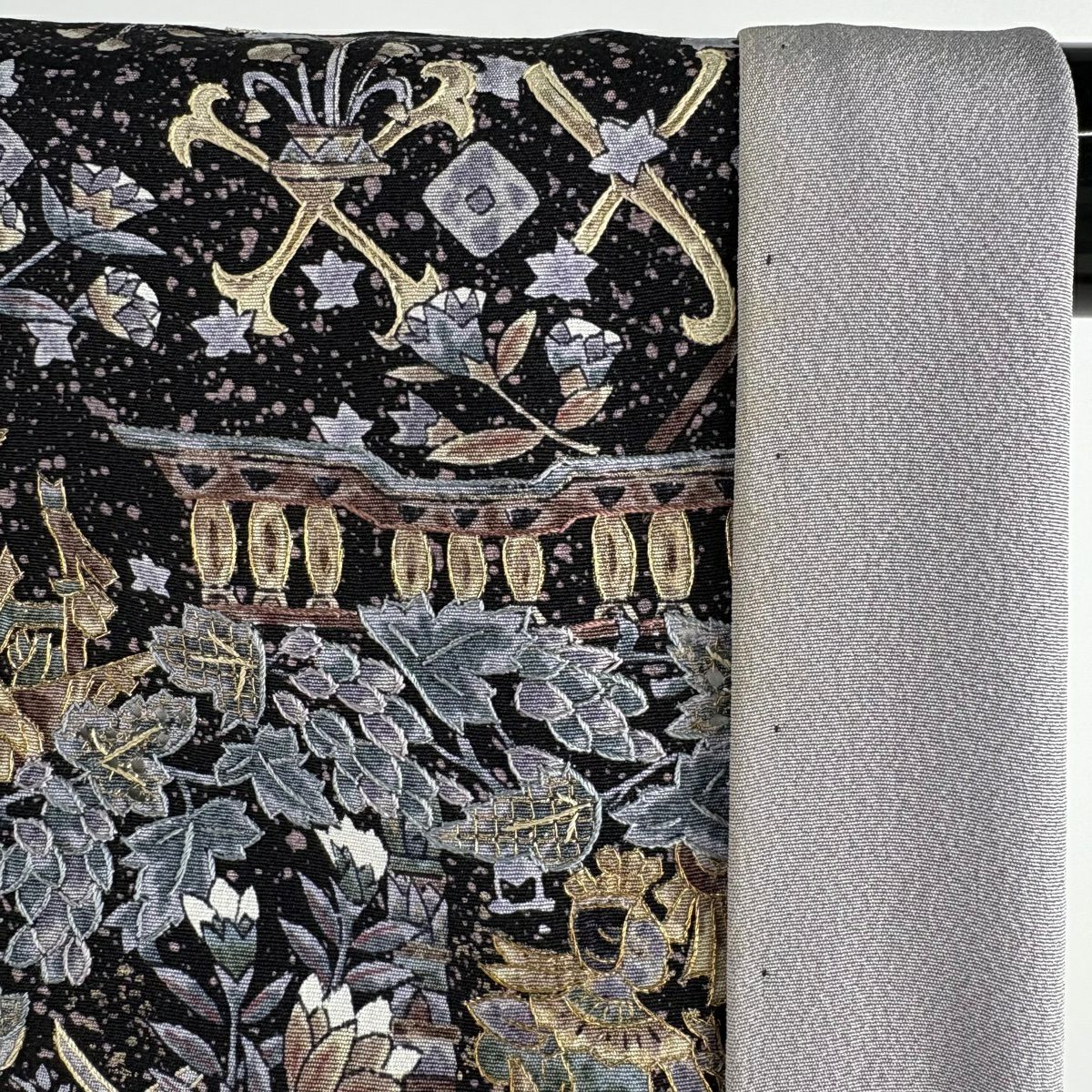 訪問服 身長164cm 袖長64.5cm M 雙層 科普特圖案 花鳥 金絲 刺繡 黑 純蠶絲 逸品級