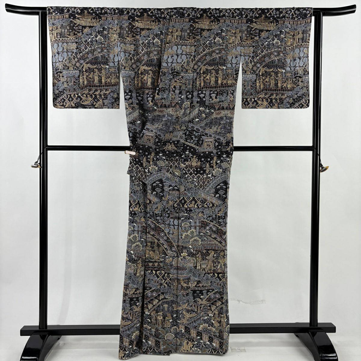 訪問服 身長164cm 袖長64.5cm M 雙層 科普特圖案 花鳥 金絲 刺繡 黑 純蠶絲 逸品級