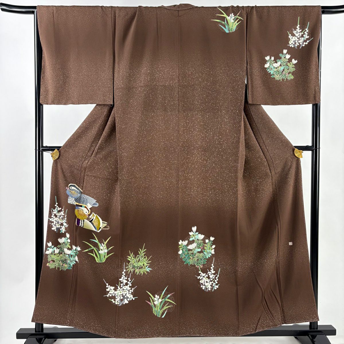 【美品】 付下 身長158cm 袖長68.5cm L 雙層 TOKIO et TOKI 落款 鴛鴦 草花紋 金銀彩 茶 純蠶絲 逸品級