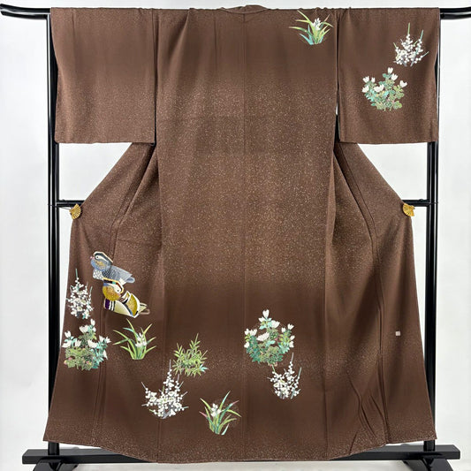 【美品】 付下 身長158cm 袖長68.5cm L 雙層 TOKIO et TOKI 落款 鴛鴦 草花紋 金銀彩 茶 純蠶絲 逸品級