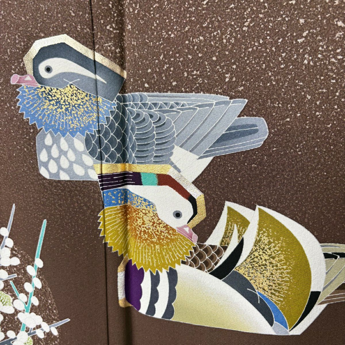 【美品】 付下 身長158cm 袖長68.5cm L 雙層 TOKIO et TOKI 落款 鴛鴦 草花紋 金銀彩 茶 純蠶絲 逸品級