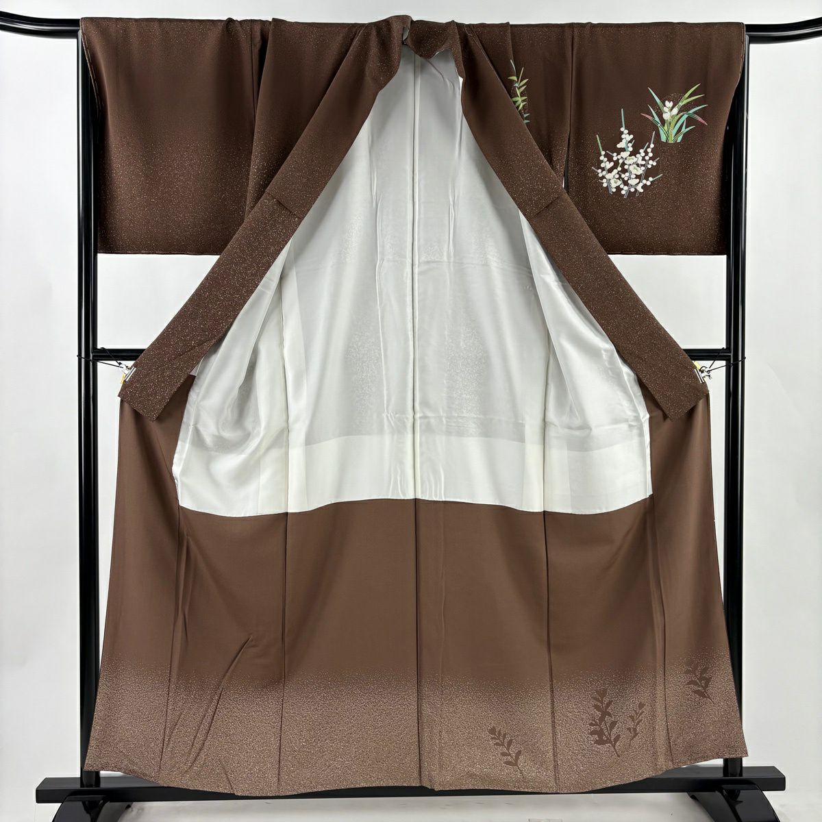 【美品】 付下 身長158cm 袖長68.5cm L 雙層 TOKIO et TOKI 落款 鴛鴦 草花紋 金銀彩 茶 純蠶絲 逸品級