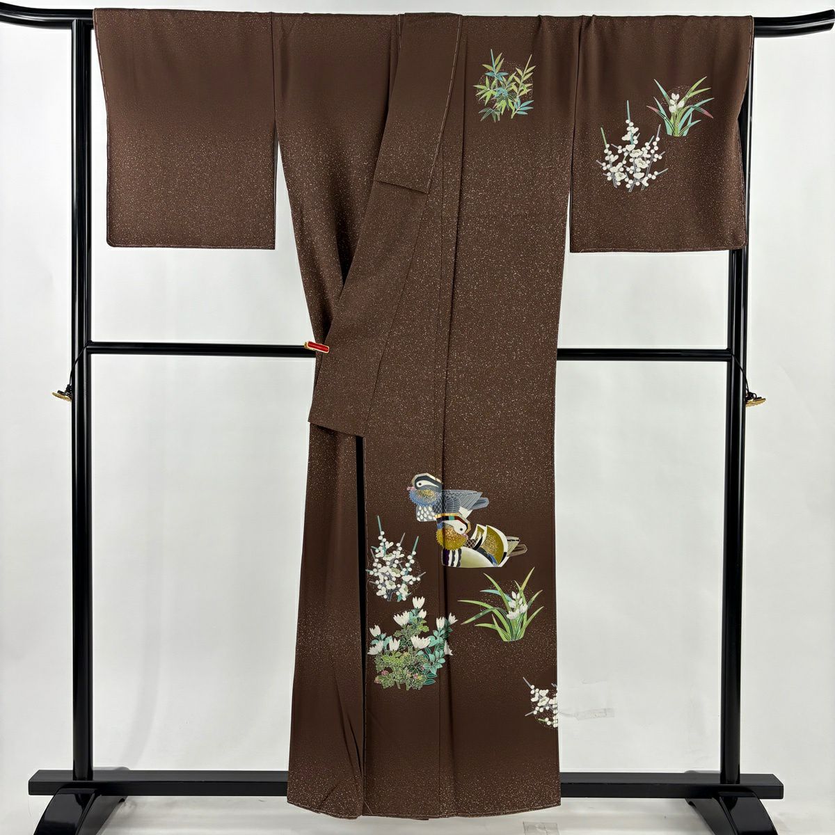 【美品】 付下 身長158cm 袖長68.5cm L 雙層 TOKIO et TOKI 落款 鴛鴦 草花紋 金銀彩 茶 純蠶絲 逸品級