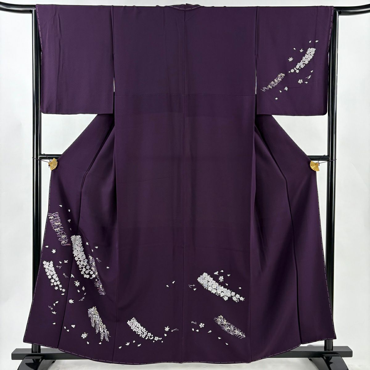 付下 身長160cm 袖長65.5cm M 雙層 梅花 藤 刺繡 銀線 深紫 純蠶絲 逸品級