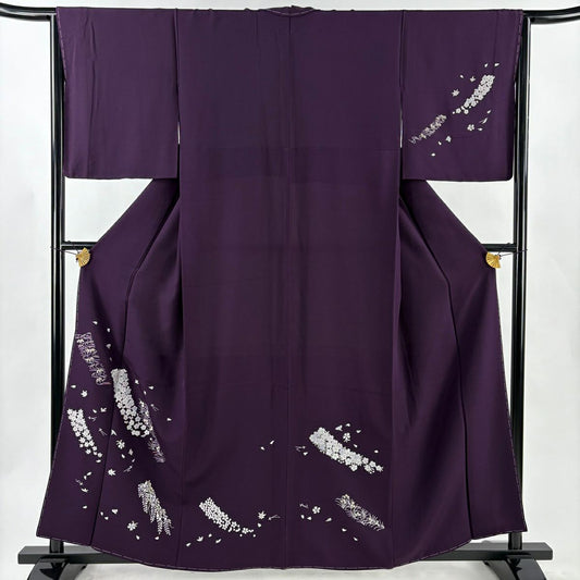 付下 身長160cm 袖長65.5cm M 雙層 梅花 藤 刺繡 銀線 深紫 純蠶絲 逸品級