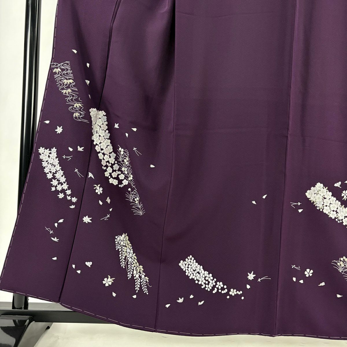 付下 身長160cm 袖長65.5cm M 雙層 梅花 藤 刺繡 銀線 深紫 純蠶絲 逸品級