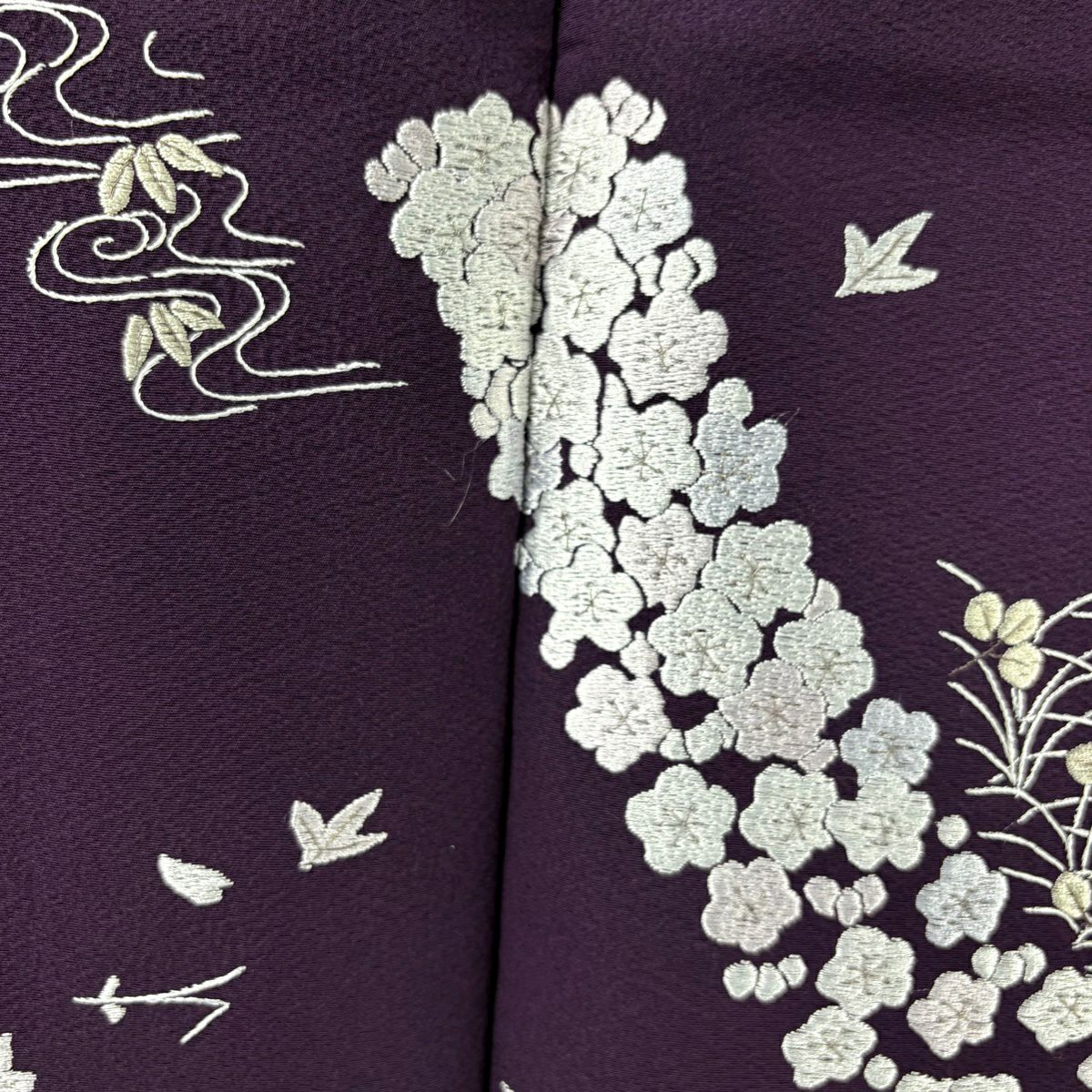 付下 身長160cm 袖長65.5cm M 雙層 梅花 藤 刺繡 銀線 深紫 純蠶絲 逸品級