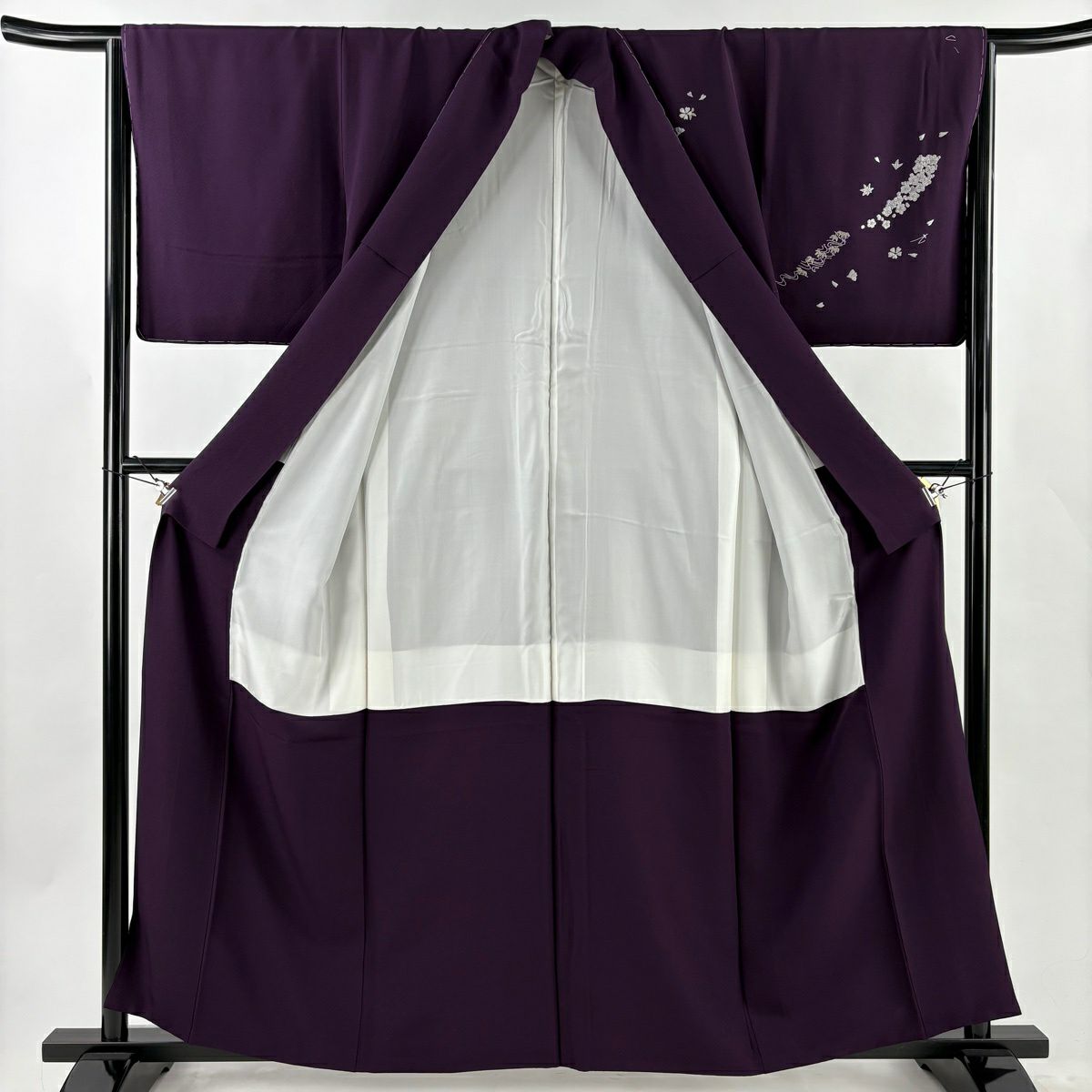 付下 身長160cm 袖長65.5cm M 雙層 梅花 藤 刺繡 銀線 深紫 純蠶絲 逸品級