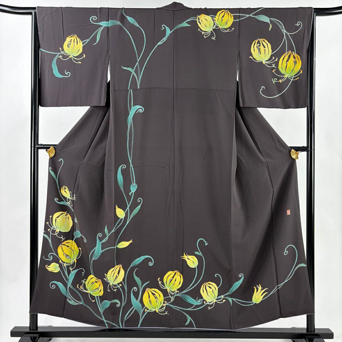 【美品】訪問服 身長155cm 袖長66.5cm M 雙層 落款あり 花唐草紋 灰紫 純蠶絲 逸品級