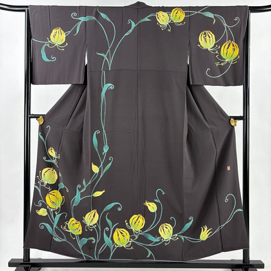 【美品】訪問服 身長155cm 袖長66.5cm M 雙層 落款あり 花唐草紋 灰紫 純蠶絲 逸品級