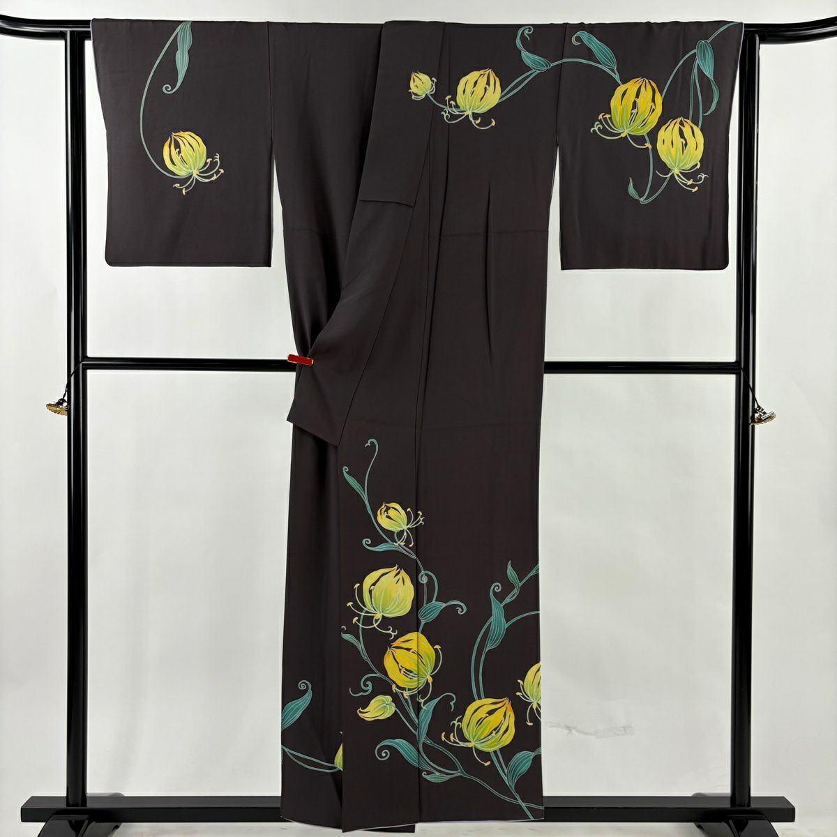 【美品】訪問服 身長155cm 袖長66.5cm M 雙層 落款あり 花唐草紋 灰紫 純蠶絲 逸品級