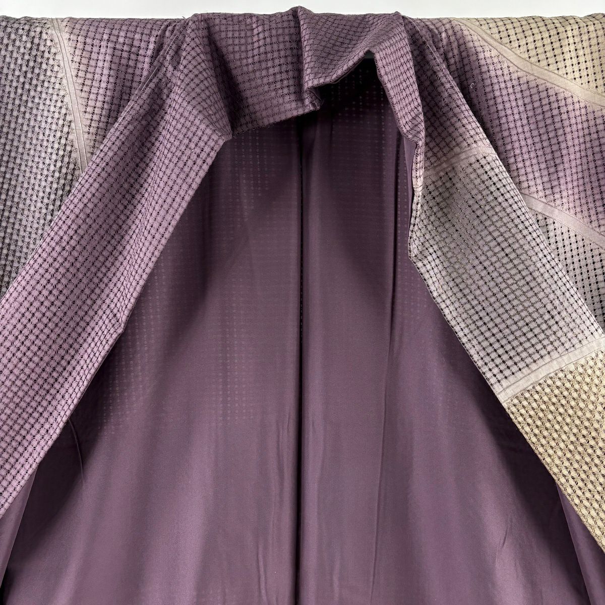【美品】訪問服 身長155.5cm 袖長66.5cm M 雙層 幾何學 汕頭刺繡 染分 紫 純蠶絲 逸品級