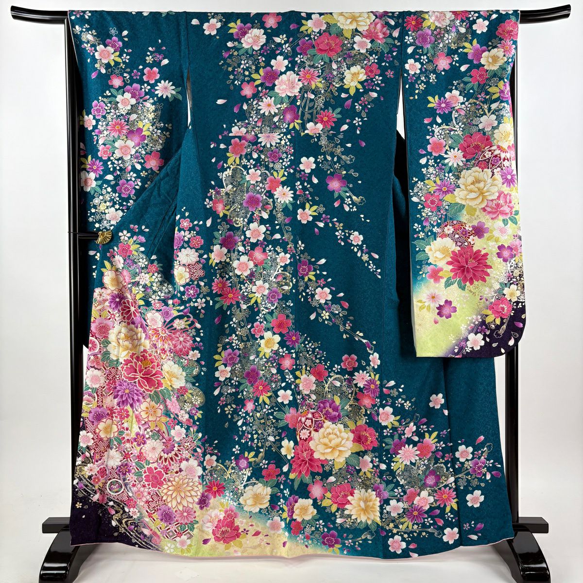 【美品】振袖禮服 身長164cm 袖長67cm M 雙層 大和 牡丹 鞠 銀通 金銀彩 青綠 純蠶絲 逸品級