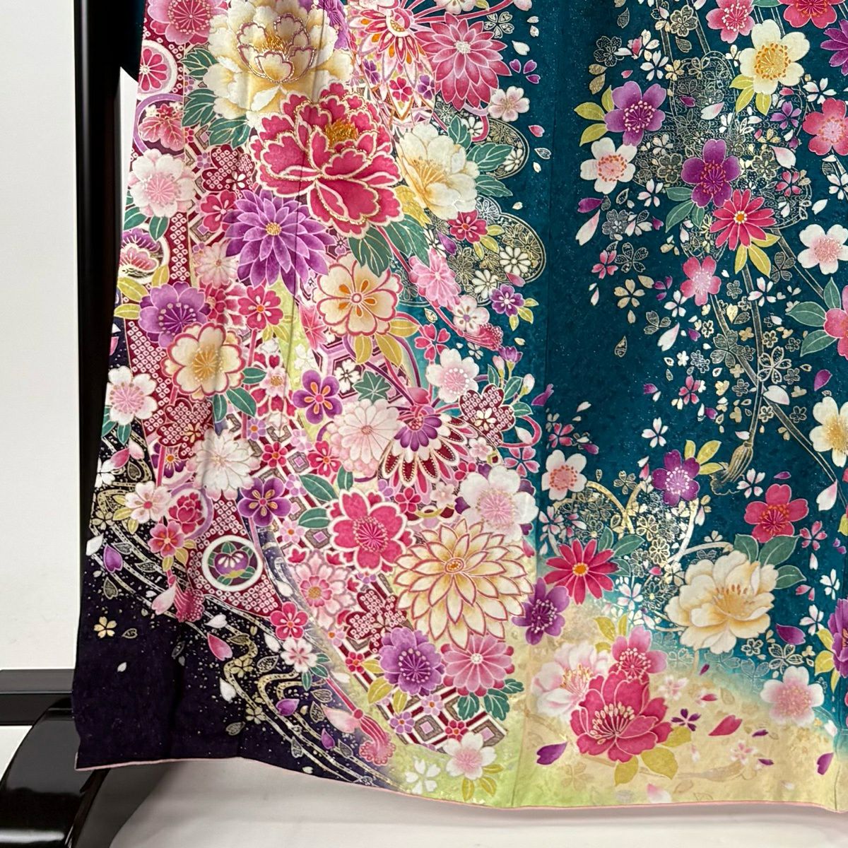 【美品】振袖禮服 身長164cm 袖長67cm M 雙層 大和 牡丹 鞠 銀通 金銀彩 青綠 純蠶絲 逸品級