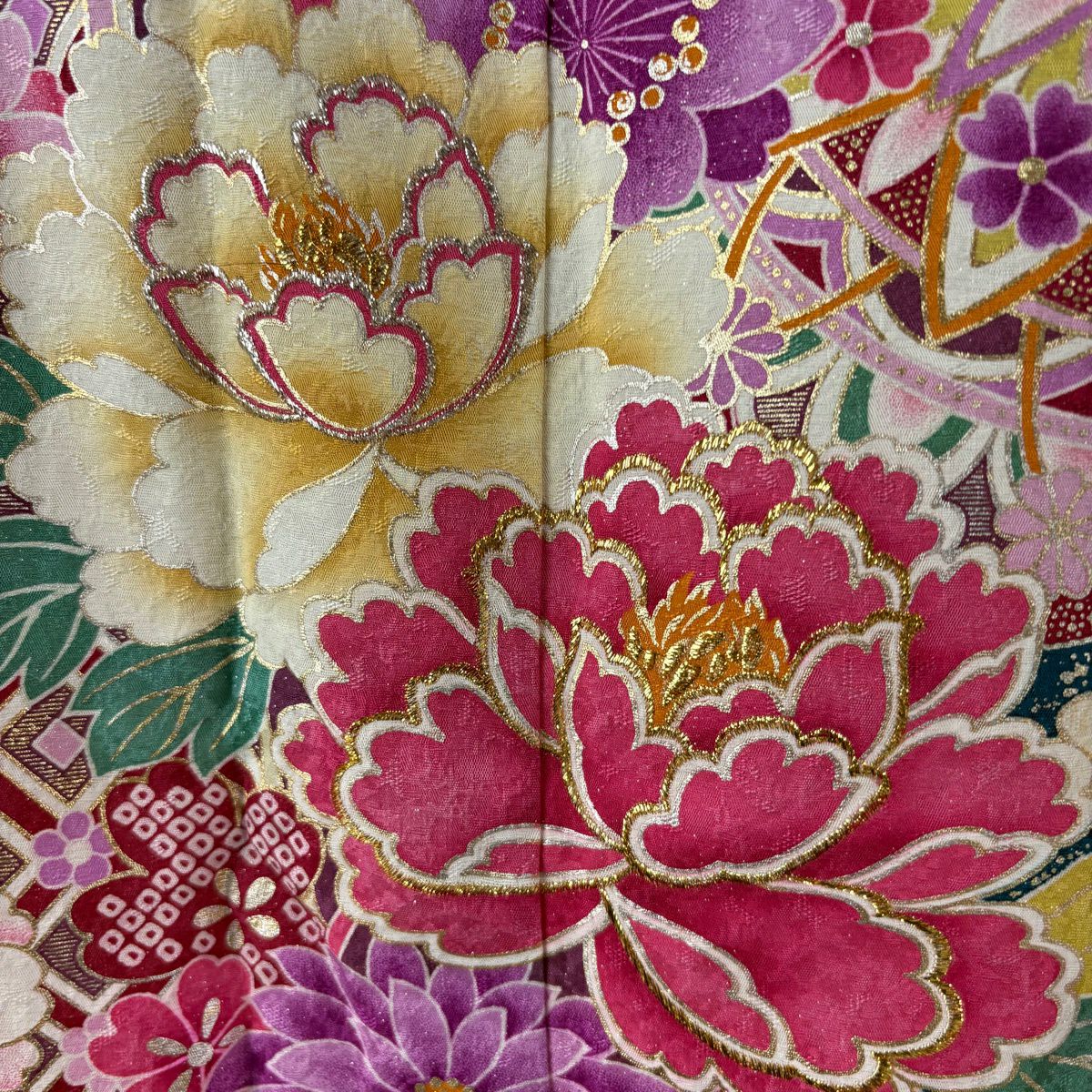 【美品】振袖禮服 身長164cm 袖長67cm M 雙層 大和 牡丹 鞠 銀通 金銀彩 青綠 純蠶絲 逸品級