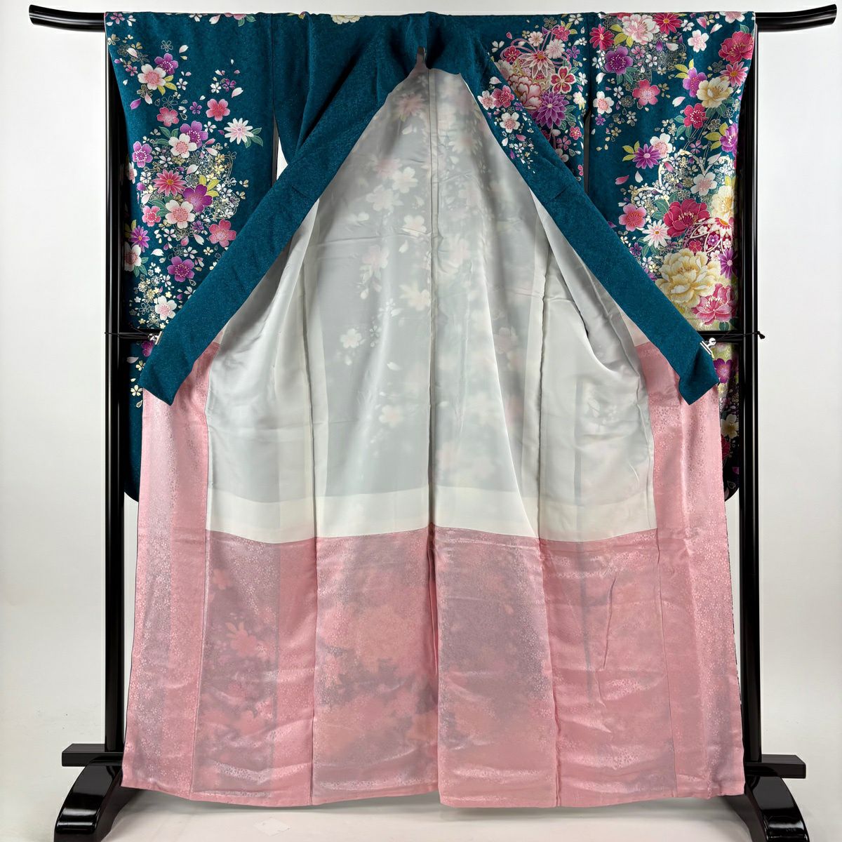 【美品】振袖禮服 身長164cm 袖長67cm M 雙層 大和 牡丹 鞠 銀通 金銀彩 青綠 純蠶絲 逸品級
