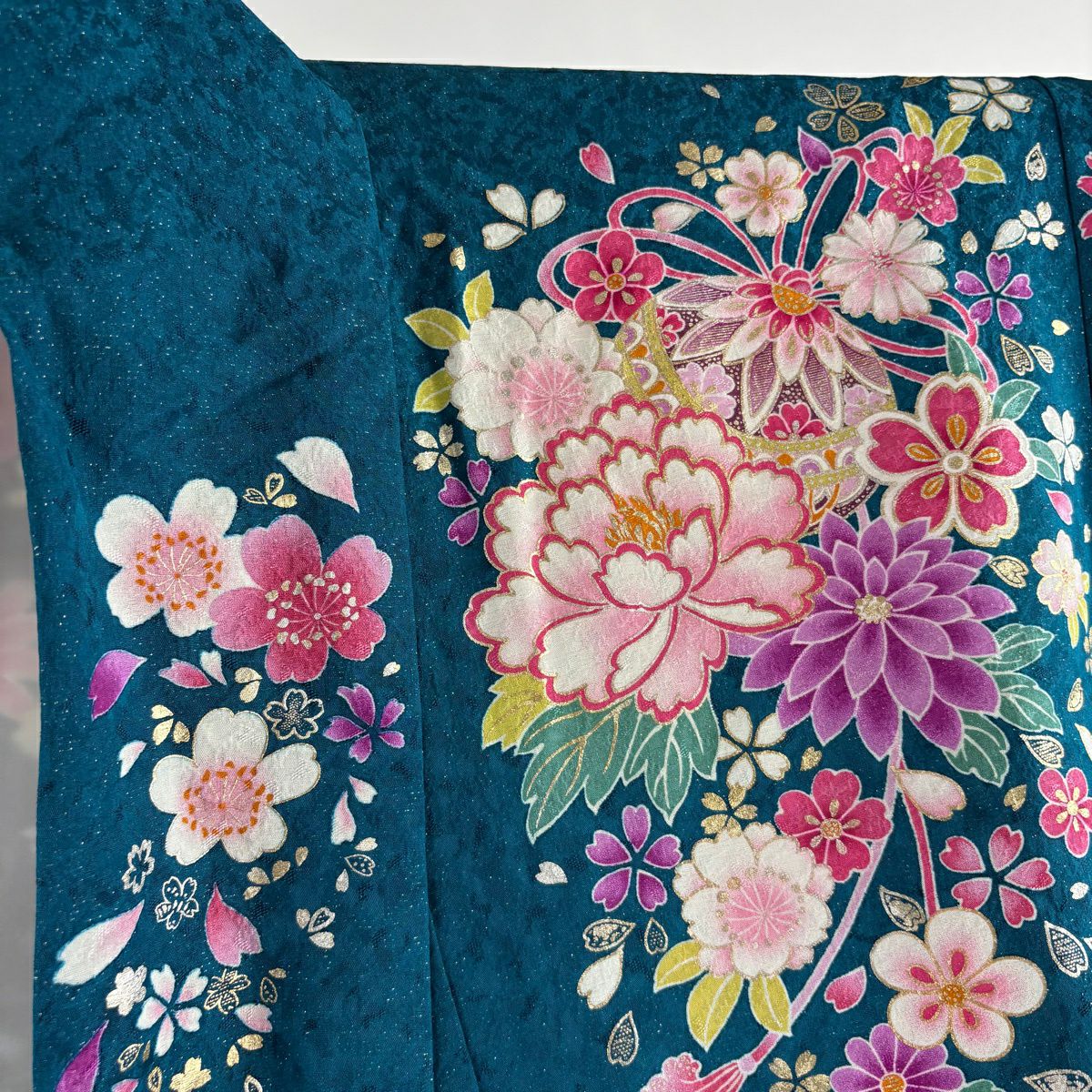 【美品】振袖禮服 身長164cm 袖長67cm M 雙層 大和 牡丹 鞠 銀通 金銀彩 青綠 純蠶絲 逸品級