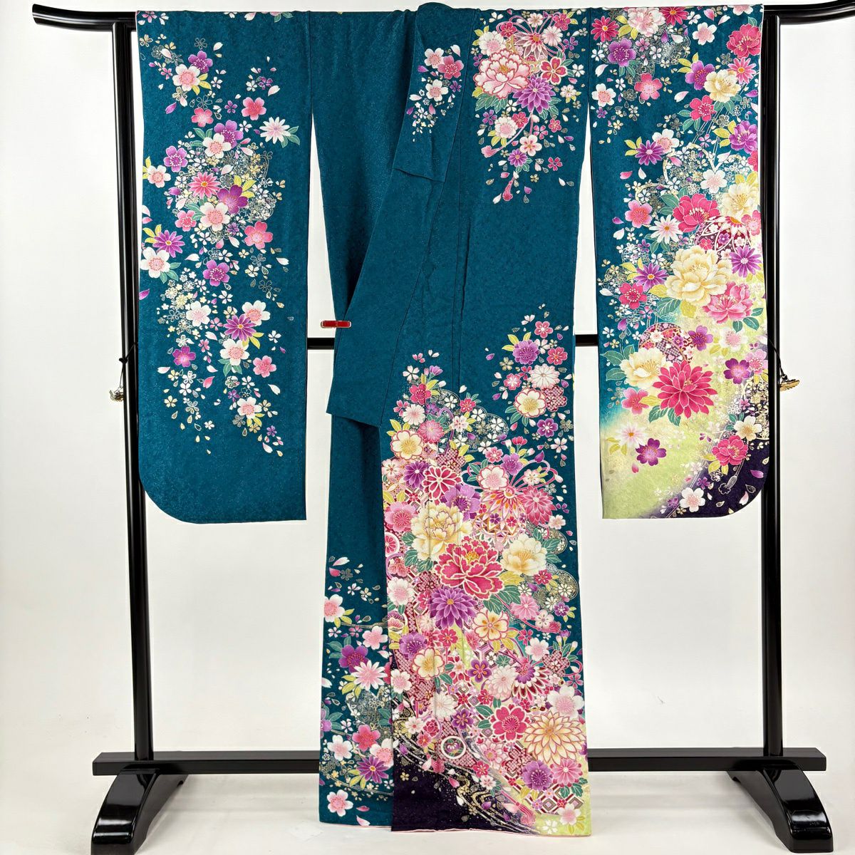 【美品】振袖禮服 身長164cm 袖長67cm M 雙層 大和 牡丹 鞠 銀通 金銀彩 青綠 純蠶絲 逸品級