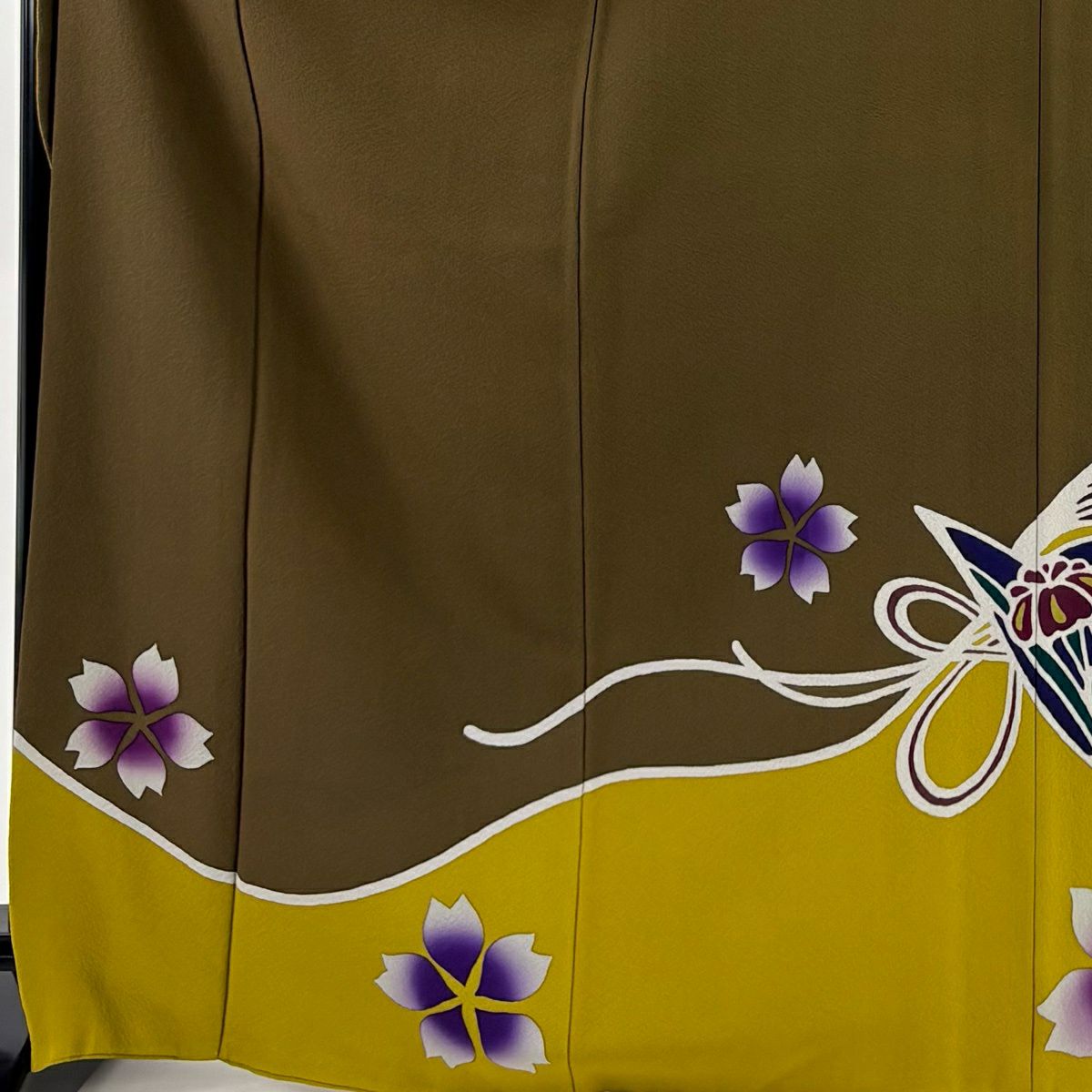 振袖禮服 身長169cm 袖長68.5cm L 雙層 辻村ジュサブロー 落款あり 樱花 扇子子 染分 茶 純蠶絲 逸品級