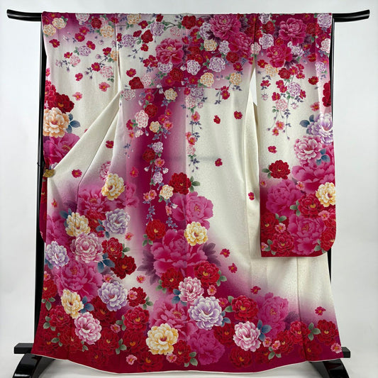 【美品】振袖禮服 身長165.5cm 袖長67.5cm L 雙層 牡丹 薔薇 金銀彩 拉麵 濃粉紅 純蠶絲 逸品級