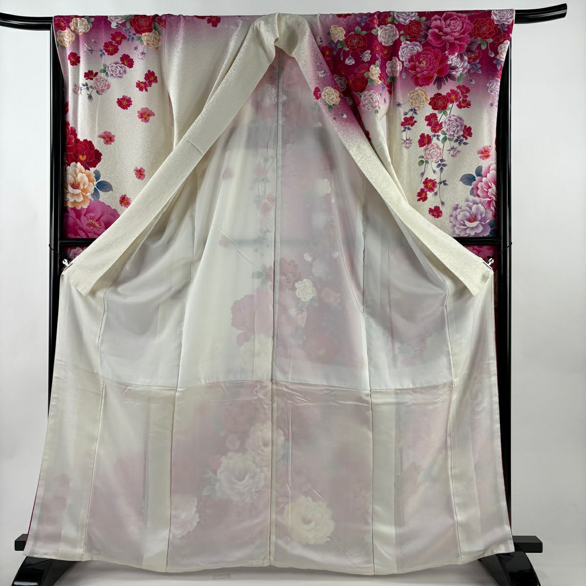 【美品】振袖禮服 身長165.5cm 袖長67.5cm L 雙層 牡丹 薔薇 金銀彩 拉麵 濃粉紅 純蠶絲 逸品級