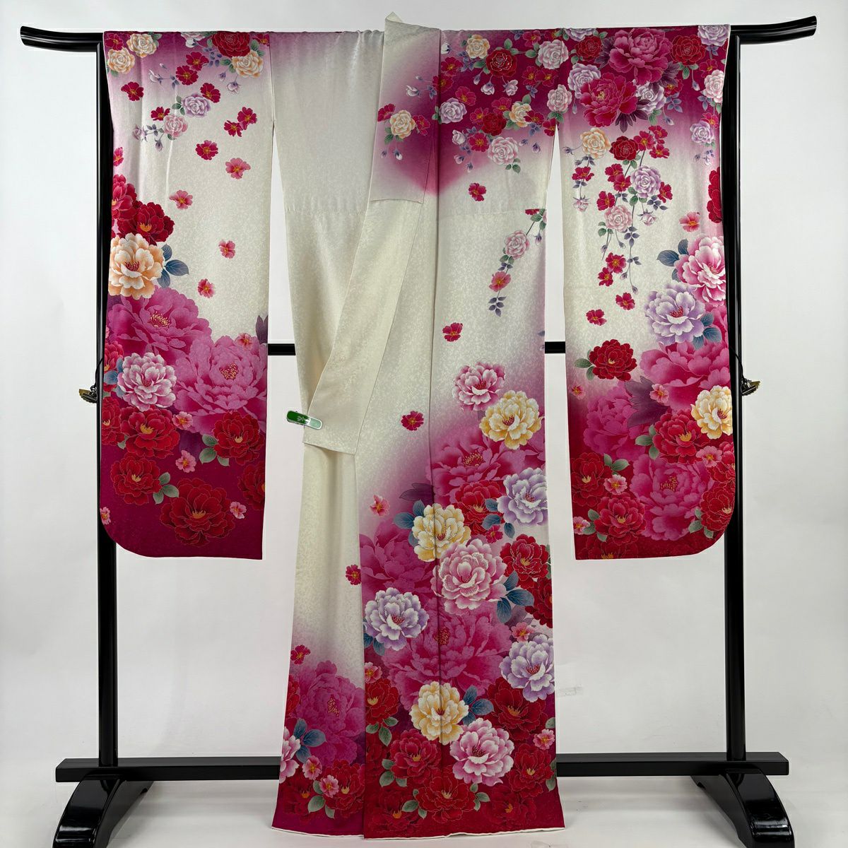 【美品】振袖禮服 身長165.5cm 袖長67.5cm L 雙層 牡丹 薔薇 金銀彩 拉麵 濃粉紅 純蠶絲 逸品級