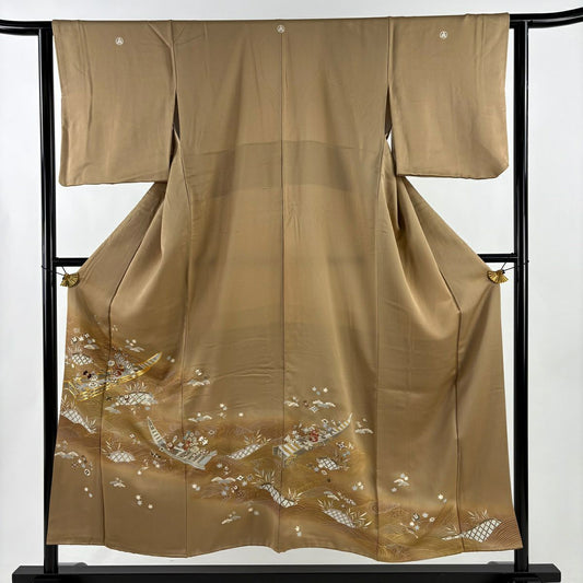 色留袖禮服 身長153.5cm 袖長62.5cm S 雙層 千總 寶盡くし 舟 金絲 金銀彩 淺茶 純蠶絲 逸品級 五つ紋
