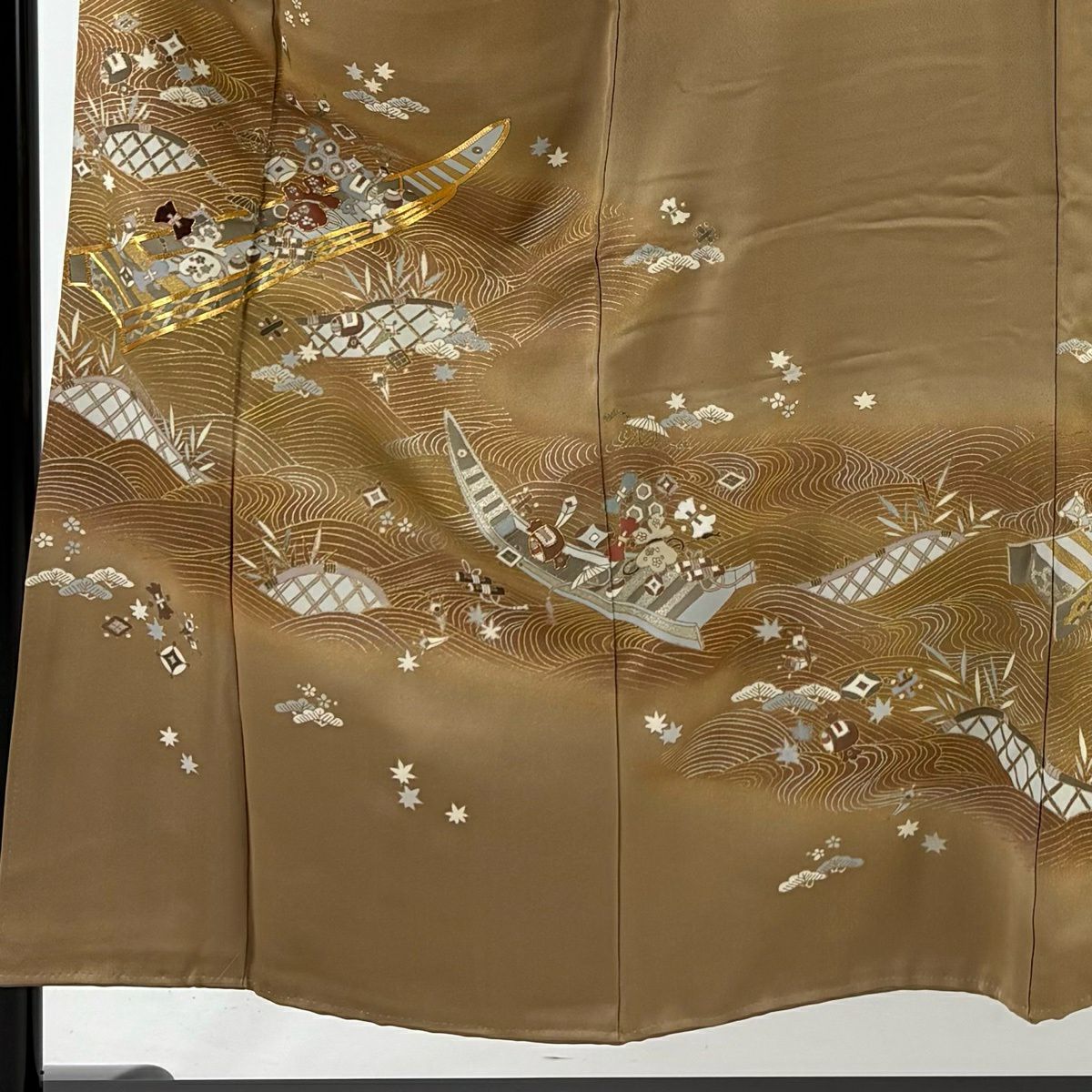 色留袖禮服 身長153.5cm 袖長62.5cm S 雙層 千總 寶盡くし 舟 金絲 金銀彩 淺茶 純蠶絲 逸品級 五つ紋