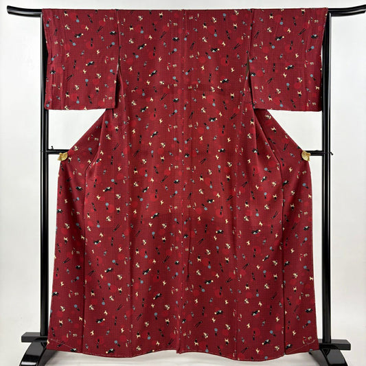 【美品】 小紋 身長163cm 袖長66.5cm M 雙層 圓形網代紋 茜 純蠶絲 逸品級