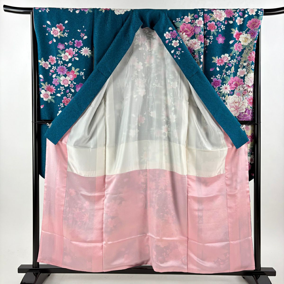振袖禮服 身長158.5cm 袖長67cm M 雙層 鈴乃屋 牡丹 鞠 金銀彩 青綠 純蠶絲 逸品級