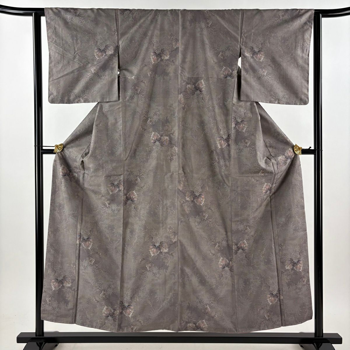 【美品】 大島紬織 身長155cm 袖長62cm S 雙層 都喜ヱ門 證書已備 葉與實 灰茶 純蠶絲 逸品級