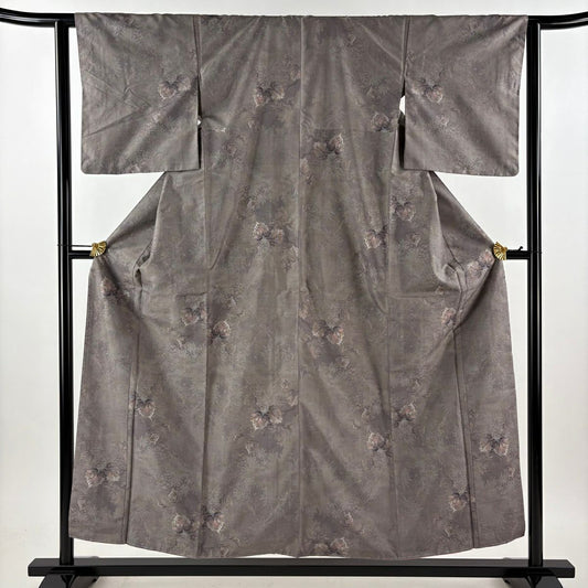 【美品】 大島紬織 身長155cm 袖長62cm S 雙層 都喜ヱ門 證書已備 葉與實 灰茶 純蠶絲 逸品級