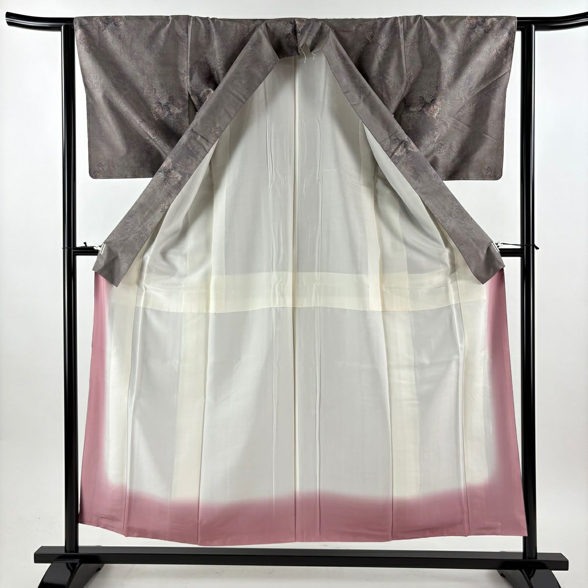 【美品】 大島紬織 身長155cm 袖長62cm S 雙層 都喜ヱ門 證書已備 葉與實 灰茶 純蠶絲 逸品級