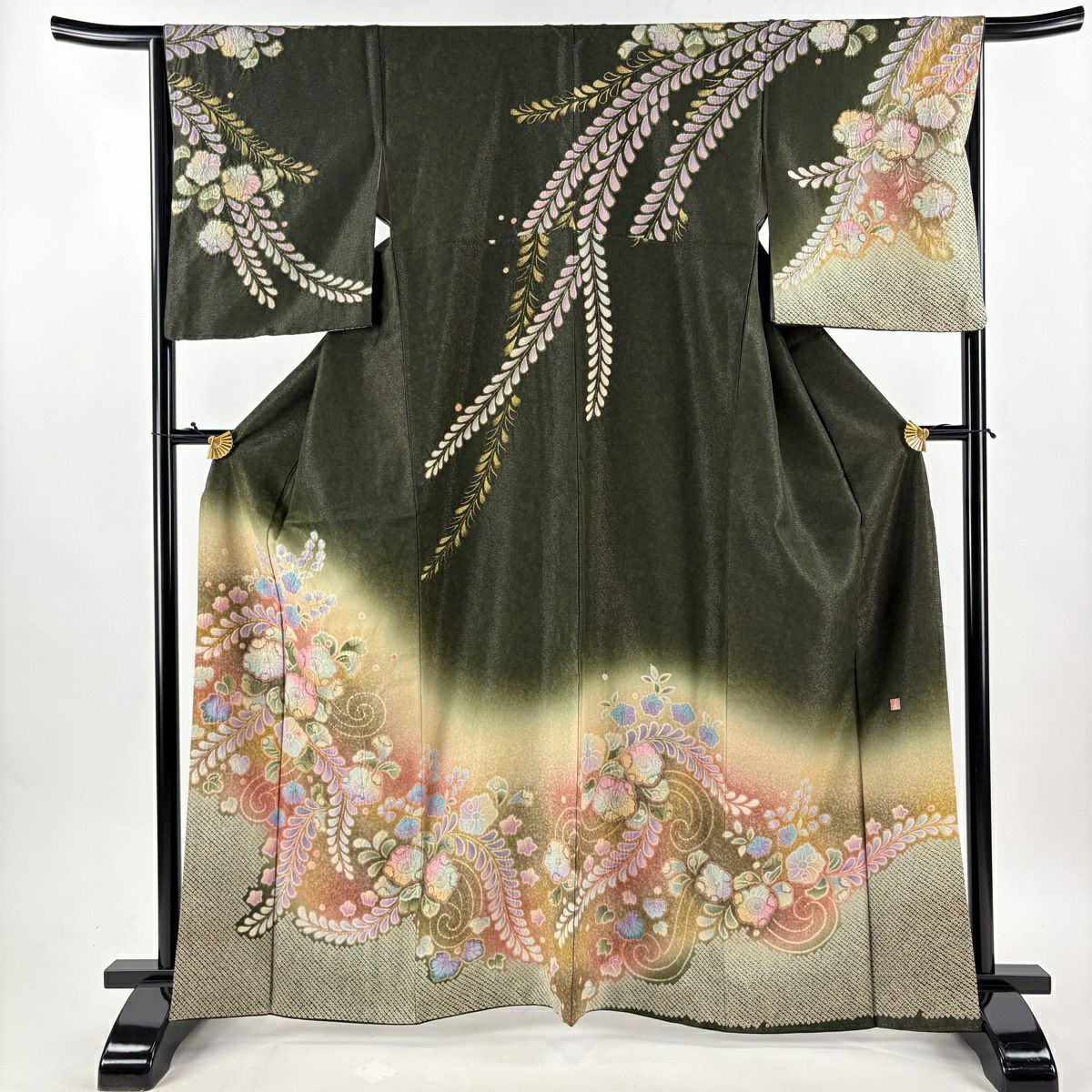 【美品】訪問服 身長165cm 袖長65.5cm M 雙層 落款あり 辻花染 銀通し ぼかし 深綠 純蠶絲 逸品級