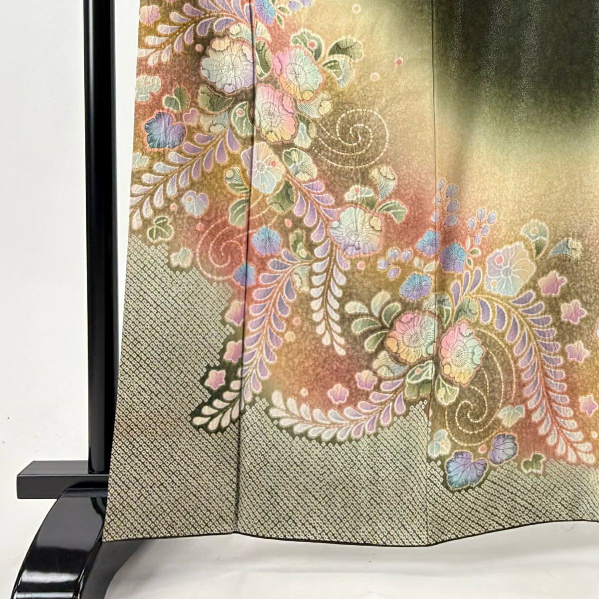 【美品】訪問服 身長165cm 袖長65.5cm M 雙層 落款あり 辻花染 銀通し ぼかし 深綠 純蠶絲 逸品級