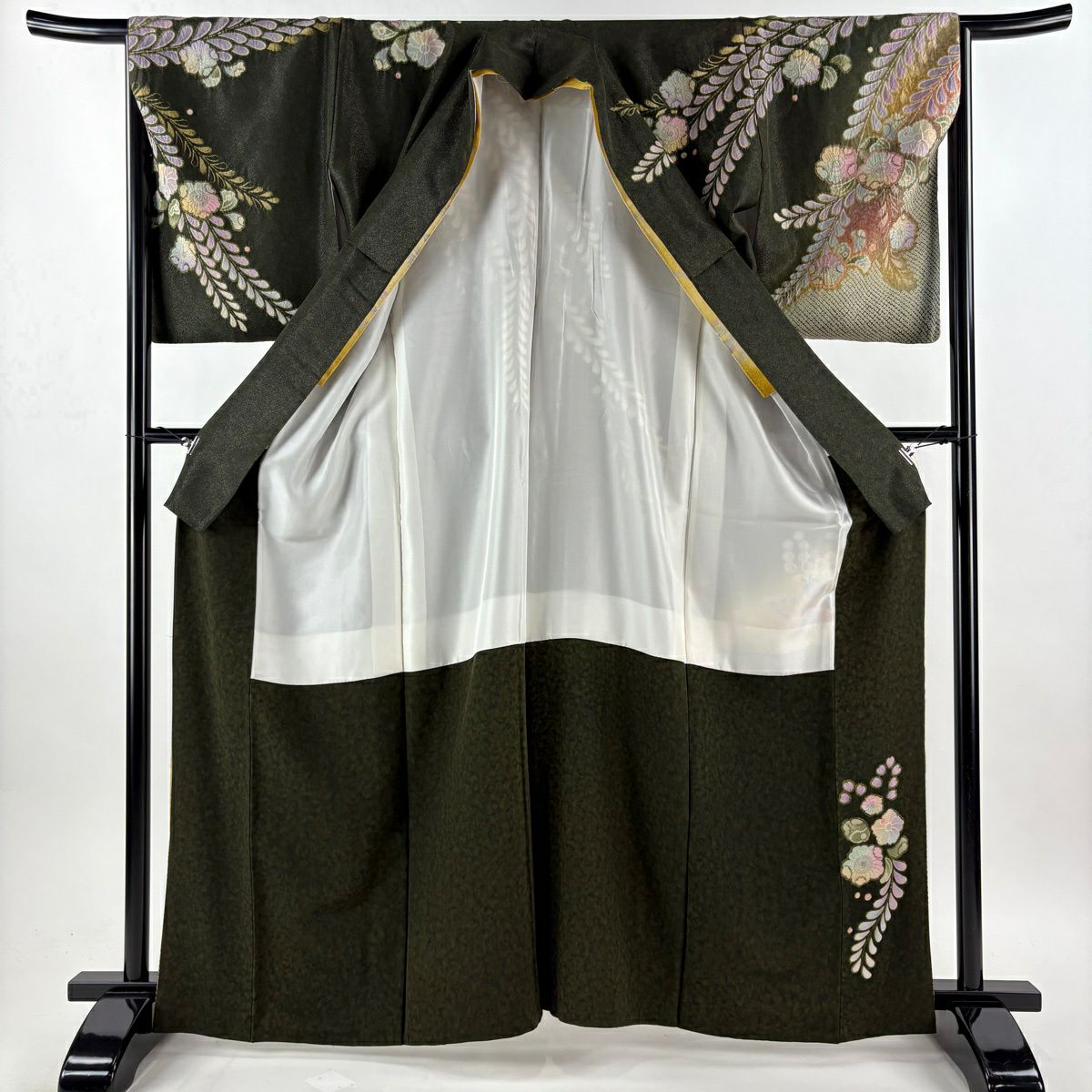 【美品】訪問服 身長165cm 袖長65.5cm M 雙層 落款あり 辻花染 銀通し ぼかし 深綠 純蠶絲 逸品級