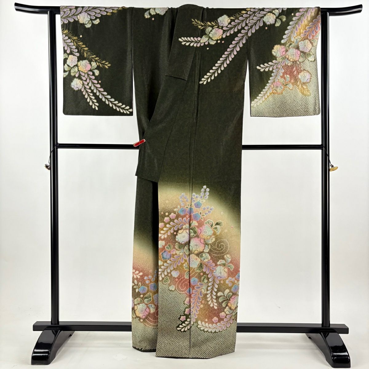 【美品】訪問服 身長165cm 袖長65.5cm M 雙層 落款あり 辻花染 銀通し ぼかし 深綠 純蠶絲 逸品級