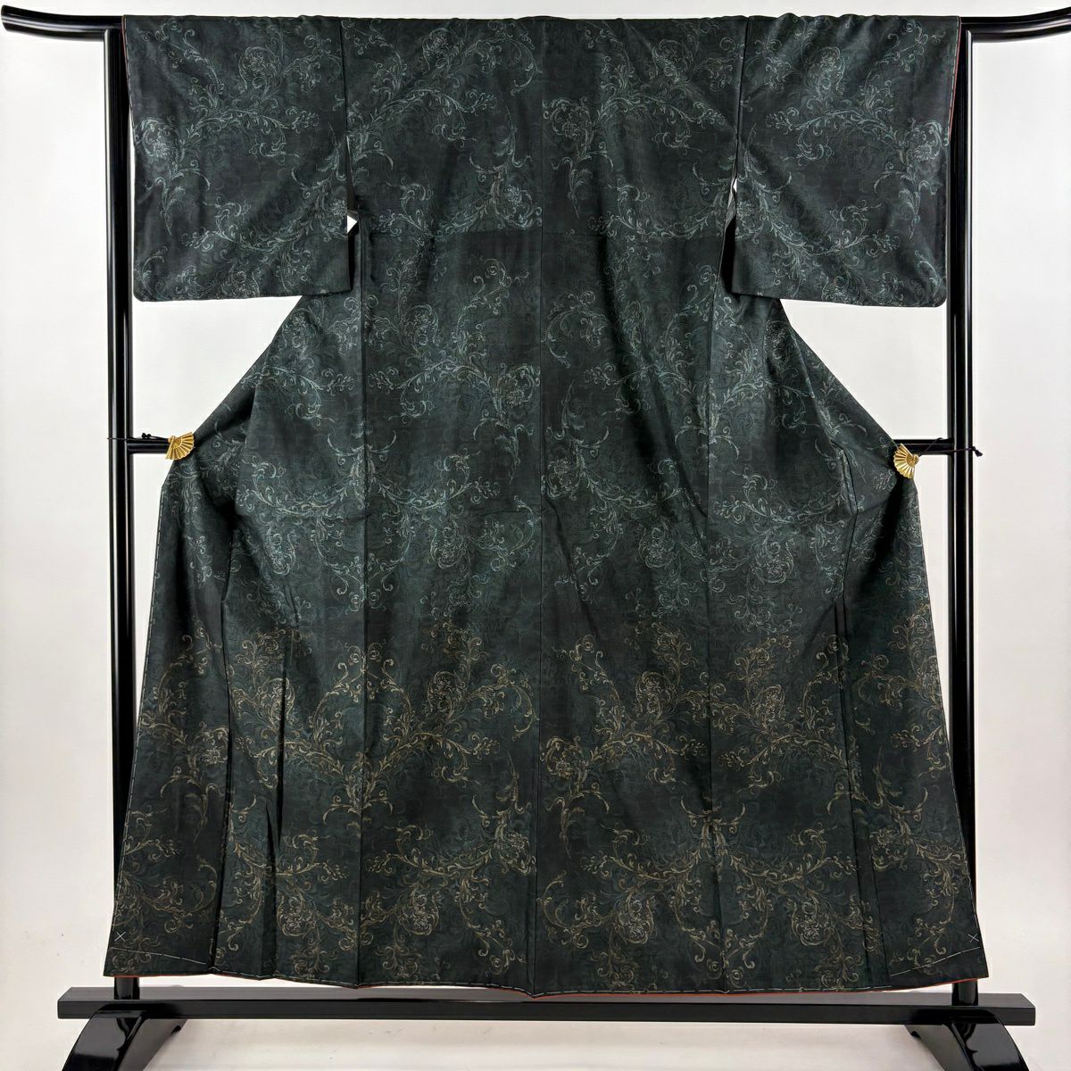 【美品】 付下 身長158cm 袖長64cm M 雙層 都喜ヱ門 大島紬織地 證書齊全 花唐草紋 深綠 純蠶絲 逸品級