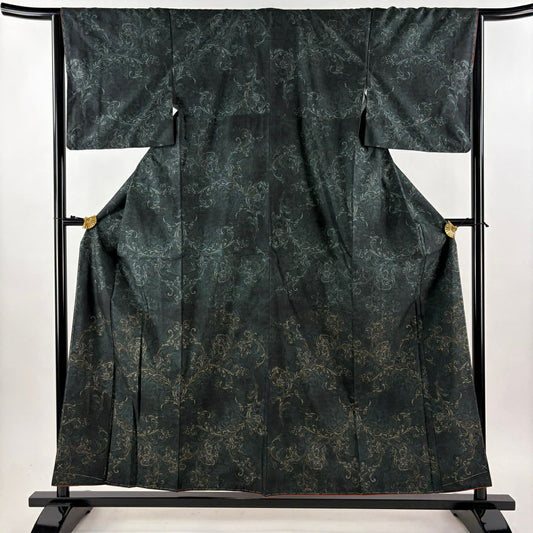 【美品】 付下 身長158cm 袖長64cm M 雙層 都喜ヱ門 大島紬織地 證書齊全 花唐草紋 深綠 純蠶絲 逸品級
