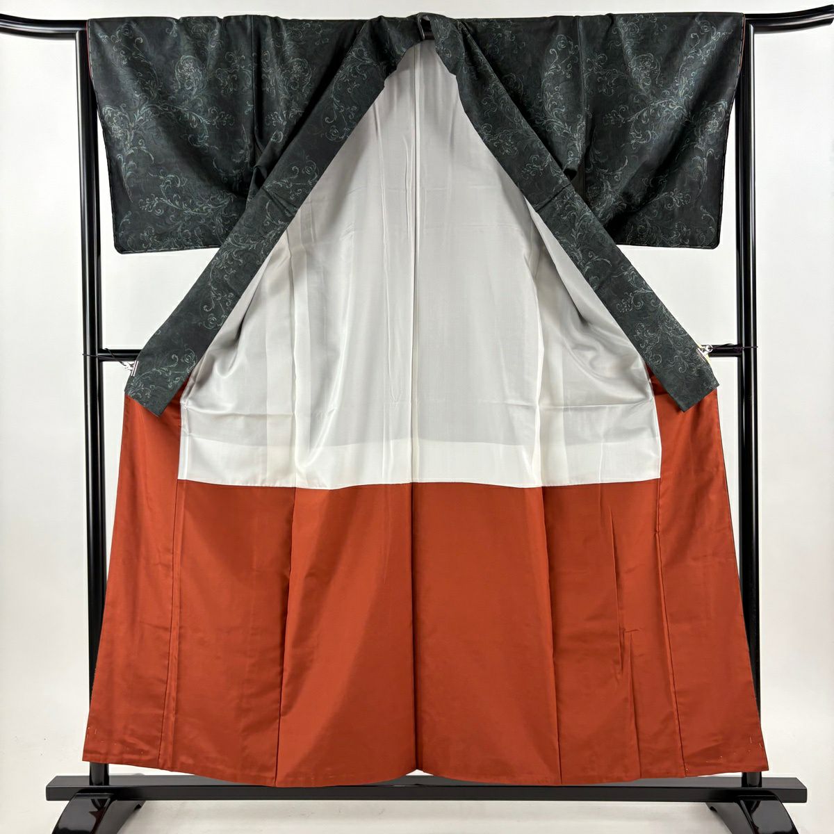 【美品】 付下 身長158cm 袖長64cm M 雙層 都喜ヱ門 大島紬織地 證書齊全 花唐草紋 深綠 純蠶絲 逸品級