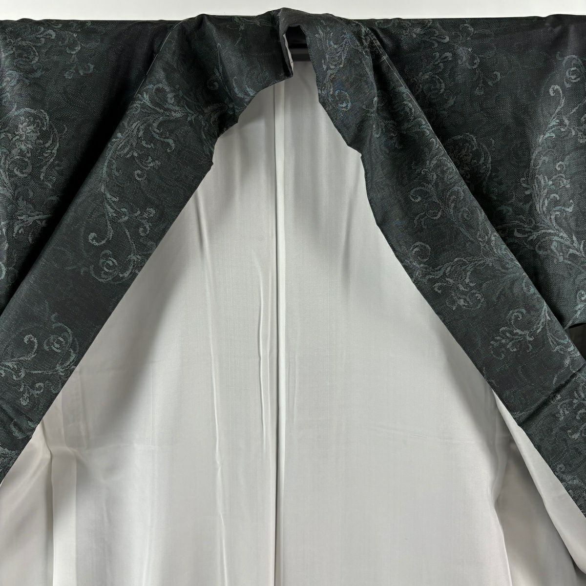 【美品】 付下 身長158cm 袖長64cm M 雙層 都喜ヱ門 大島紬織地 證書齊全 花唐草紋 深綠 純蠶絲 逸品級