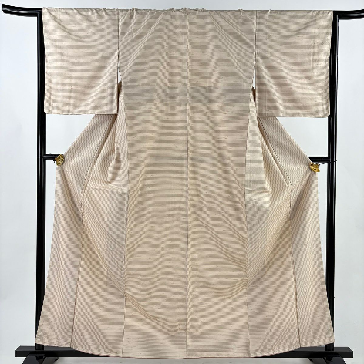 【美品】 紬織 身長160.5cm 袖長65cm M 雙層 野蠶紬織 柿渋染 橫條 薄茶 純蠶絲 逸品級