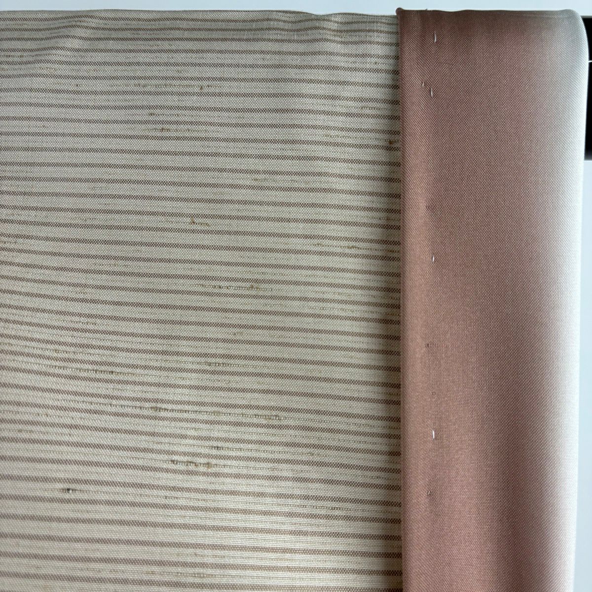 【美品】 紬織 身長160.5cm 袖長65cm M 雙層 野蠶紬織 柿渋染 橫條 薄茶 純蠶絲 逸品級