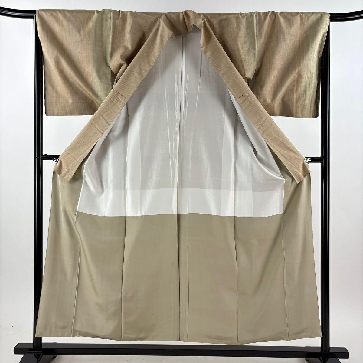【美品】 紬織 身長155cm 袖長65.5cm M 雙層 縦縞 薄茶 純蠶絲 逸品級