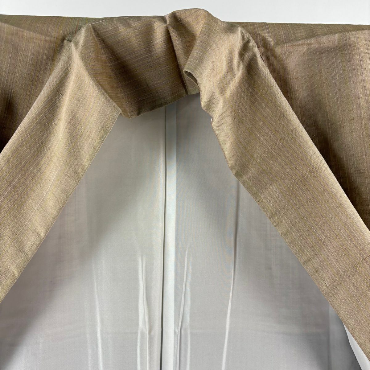 【美品】 紬織 身長155cm 袖長65.5cm M 雙層 縦縞 薄茶 純蠶絲 逸品級